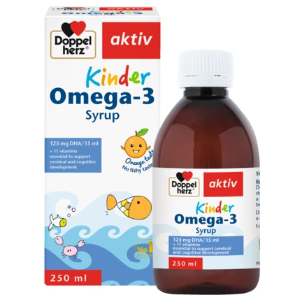 Illustration of the product packaging Doppelherz aktiv Kinder Omega-3 Syrup front view